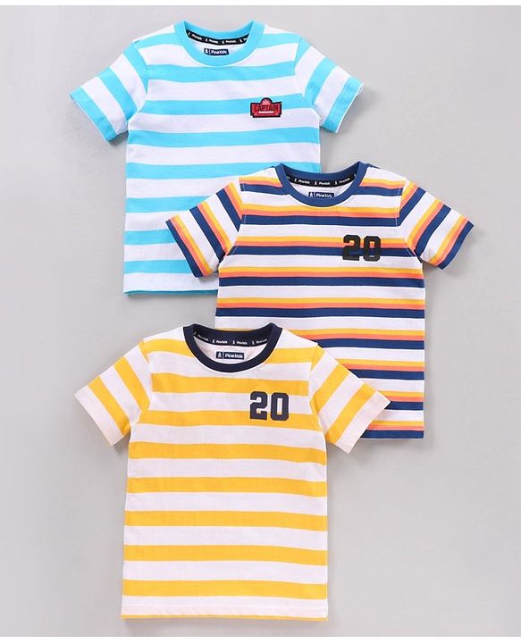 Pine Kids Half Sleeves 100% Cotton Biowashed Tee Pack of 3 - Blue Yellow