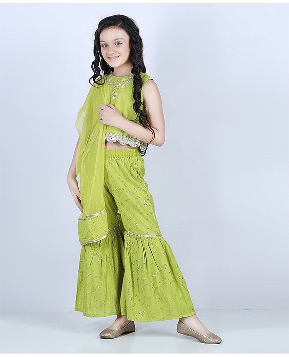 Pine Kids Sleeveless Embroidered Choli & Sharara with Dupatta - Green
