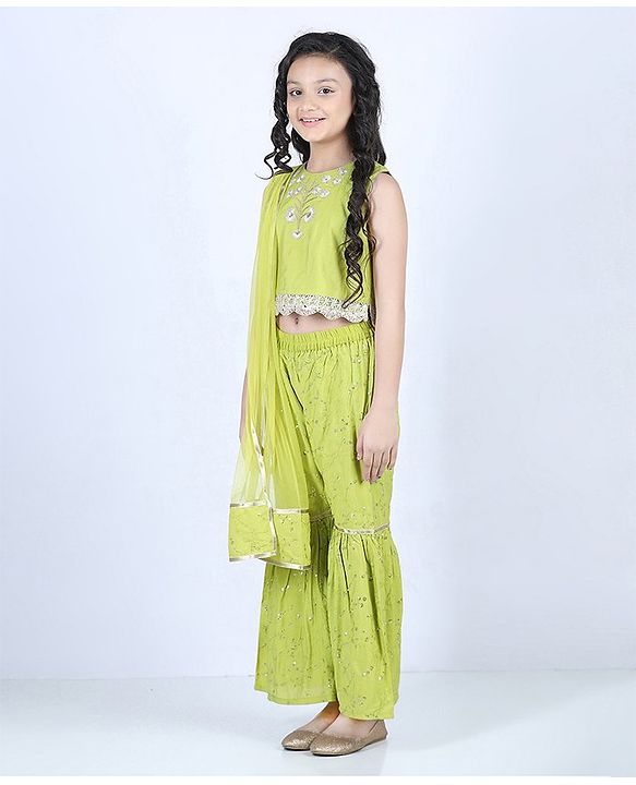 Pine Kids Sleeveless Embroidered Choli & Sharara with Dupatta - Green