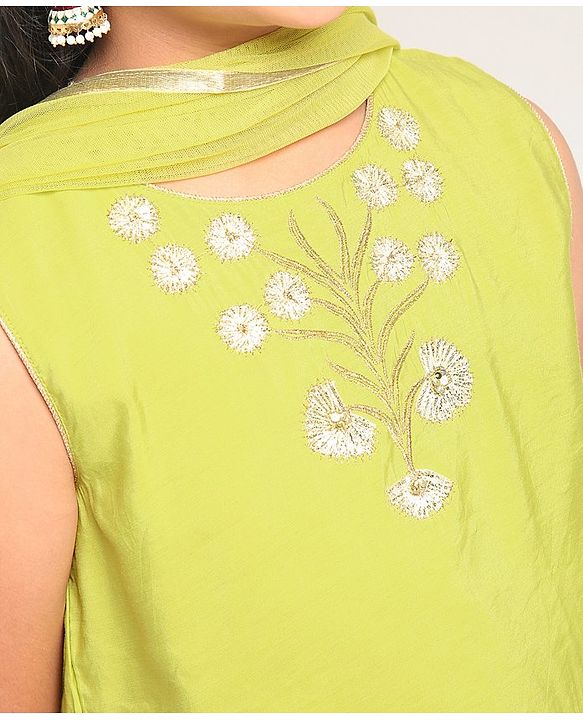 Pine Kids Sleeveless Embroidered Choli & Sharara with Dupatta - Green