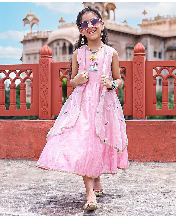 Pine Kids Sleeves Ethnic Dress with Embroidered Shrug - Pink