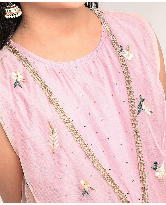 Pine Kids Sleeves Ethnic Dress with Embroidered Shrug - Pink