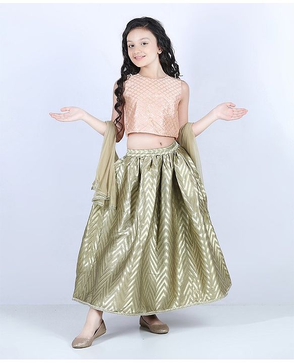 Pine Kids Sleeveless Choli & Lehenga With Dupatta Set Embroidered - Peach & Golden