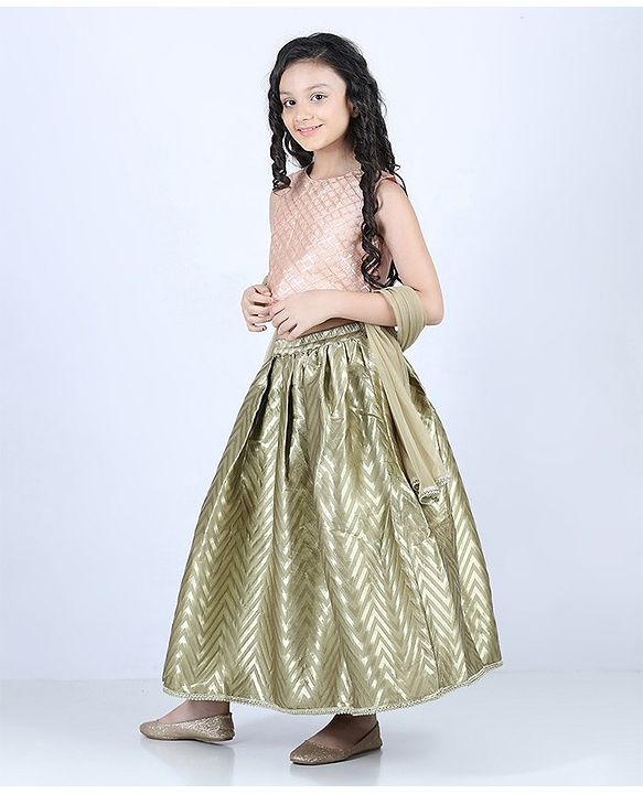 Pine Kids Sleeveless Choli & Lehenga With Dupatta Set Embroidered - Peach & Golden