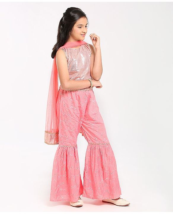 Pine Kids Sleeveless Sequence Work at Choli & Embroidered Sharara with Dupatta - Pink