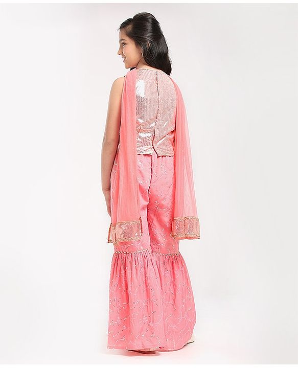 Pine Kids Sleeveless Sequence Work at Choli & Embroidered Sharara with Dupatta - Pink