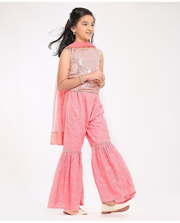 Pine Kids Sleeveless Sequence Work at Choli & Embroidered Sharara with Dupatta - Pink