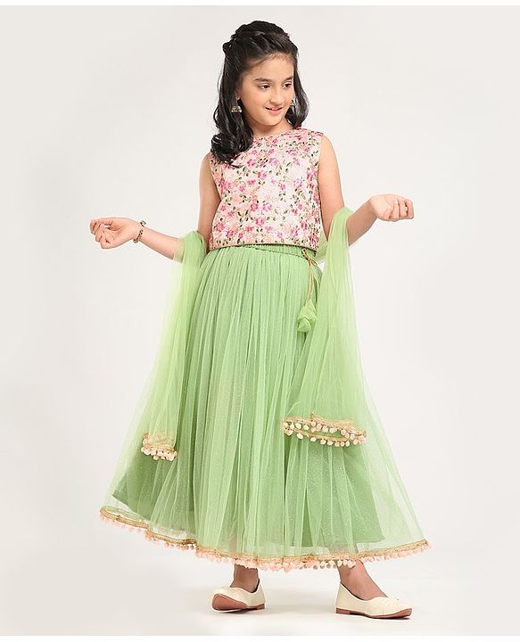 Pine Kids Sleeveless Lehenga Choli with All over Embroidery - Green