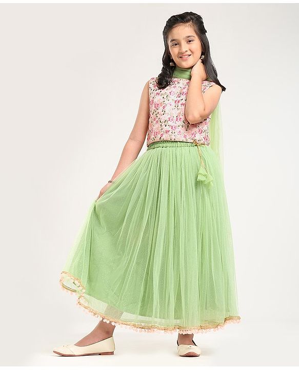 Pine Kids Sleeveless Lehenga Choli with All over Embroidery - Green