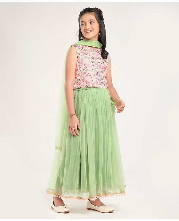 Pine Kids Sleeveless Lehenga Choli with All over Embroidery - Green