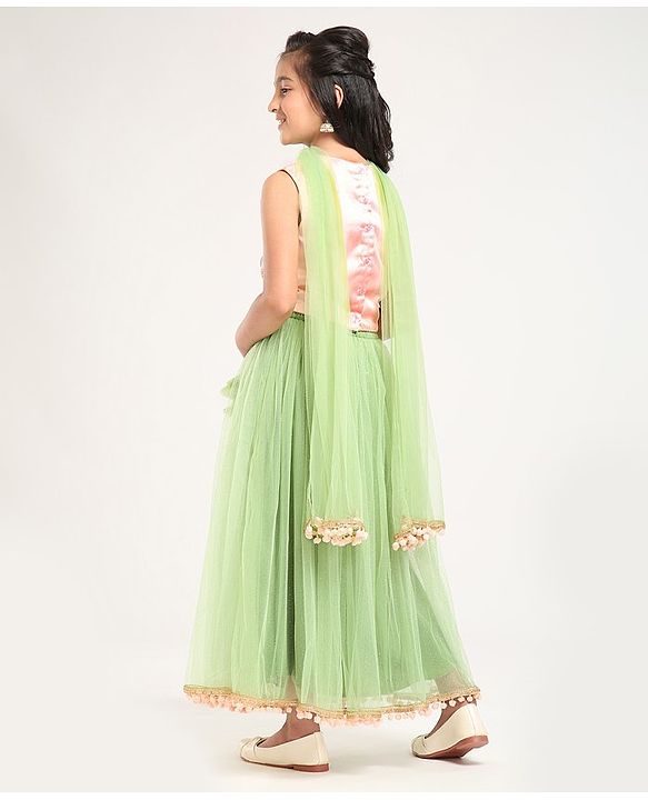 Pine Kids Sleeveless Lehenga Choli with All over Embroidery - Green