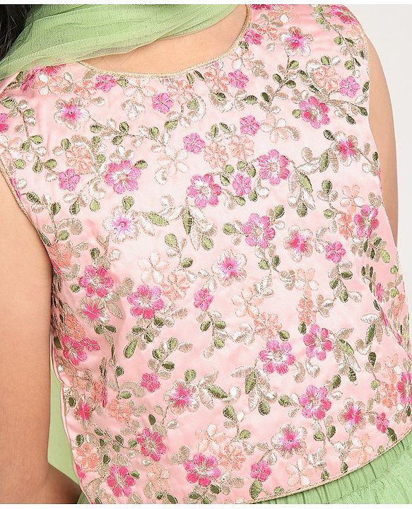 Pine Kids Sleeveless Lehenga Choli with All over Embroidery - Green