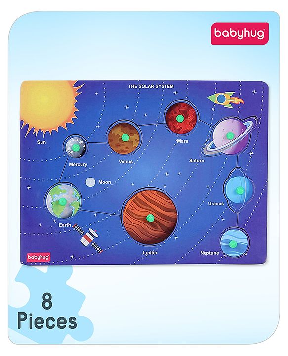 Babyhug Premium 8 pcs Solar System Wooden Board puzzle| Montessori Educational and Learning Toy | Shape Matching Puzzle |Preschool Colorful Knob and Peg Puzzle| BIS Certified| 18+ months