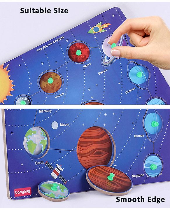 Babyhug Premium 8 pcs Solar System Wooden Board puzzle| Montessori Educational and Learning Toy | Shape Matching Puzzle |Preschool Colorful Knob and Peg Puzzle| BIS Certified| 18+ months