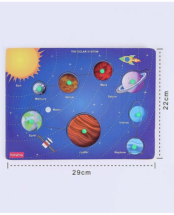 Babyhug Premium 8 pcs Solar System Wooden Board puzzle| Montessori Educational and Learning Toy | Shape Matching Puzzle |Preschool Colorful Knob and Peg Puzzle| BIS Certified| 18+ months