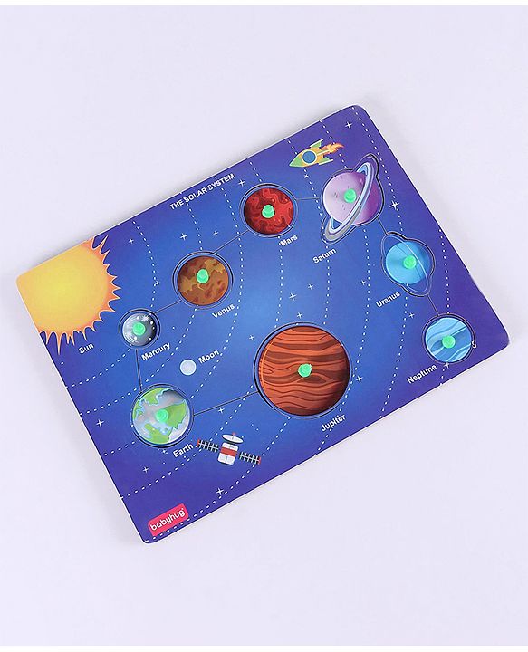 Babyhug Premium 8 pcs Solar System Wooden Board puzzle| Montessori Educational and Learning Toy | Shape Matching Puzzle |Preschool Colorful Knob and Peg Puzzle| BIS Certified| 18+ months