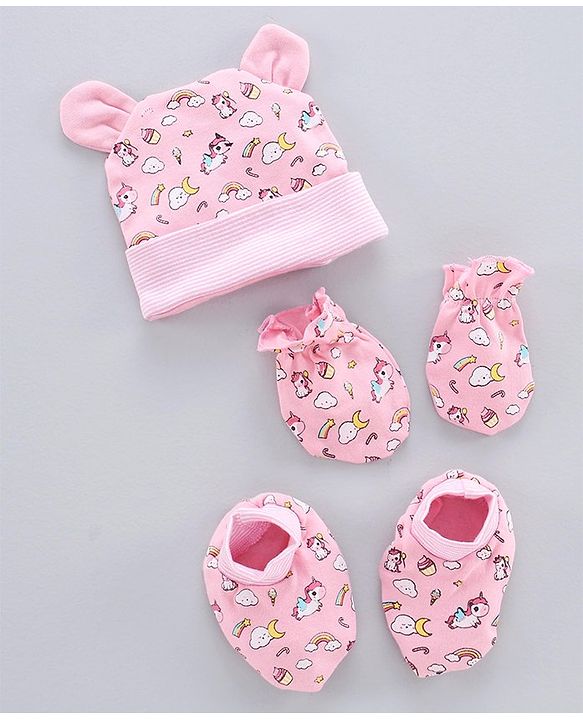 Babyhug 100% Cotton Cap Mitten & Booties Set Unicorn Print Pink - Diameter 11.5 cm
