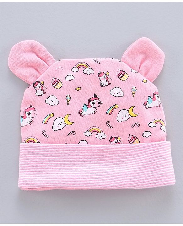 Babyhug 100% Cotton Cap Mitten & Booties Set Unicorn Print Pink - Diameter 11.5 cm