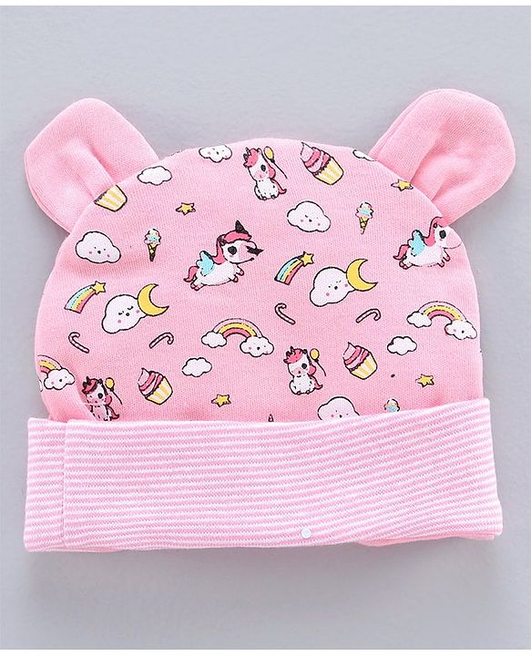 Babyhug 100% Cotton Cap Mitten & Booties Set Unicorn Print Pink - Diameter 11.5 cm