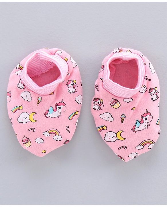 Babyhug 100% Cotton Cap Mitten & Booties Set Unicorn Print Pink - Diameter 11.5 cm