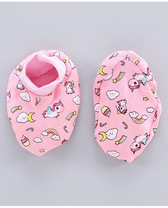 Babyhug 100% Cotton Cap Mitten & Booties Set Unicorn Print Pink - Diameter 11.5 cm