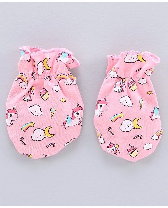 Babyhug 100% Cotton Cap Mitten & Booties Set Unicorn Print Pink - Diameter 11.5 cm