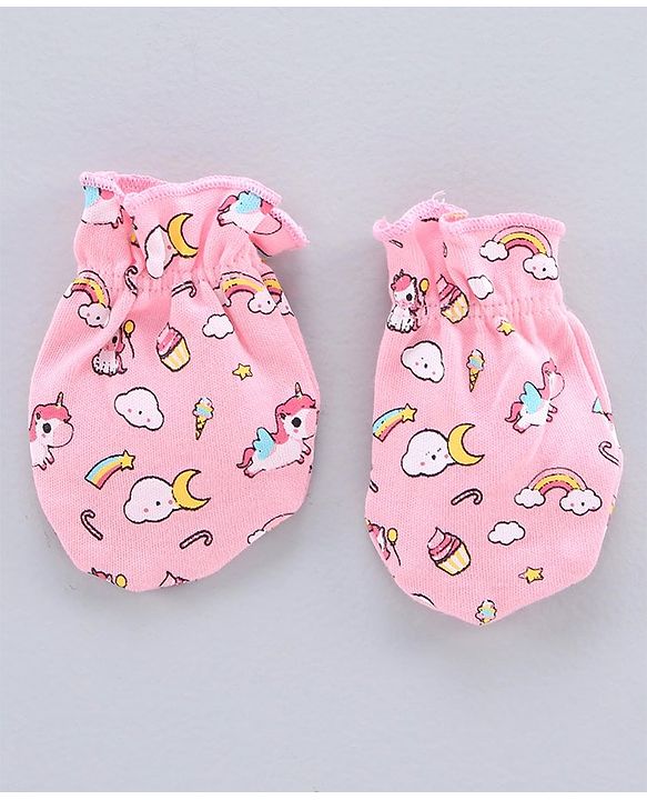 Babyhug 100% Cotton Cap Mitten & Booties Set Unicorn Print Pink - Diameter 11.5 cm