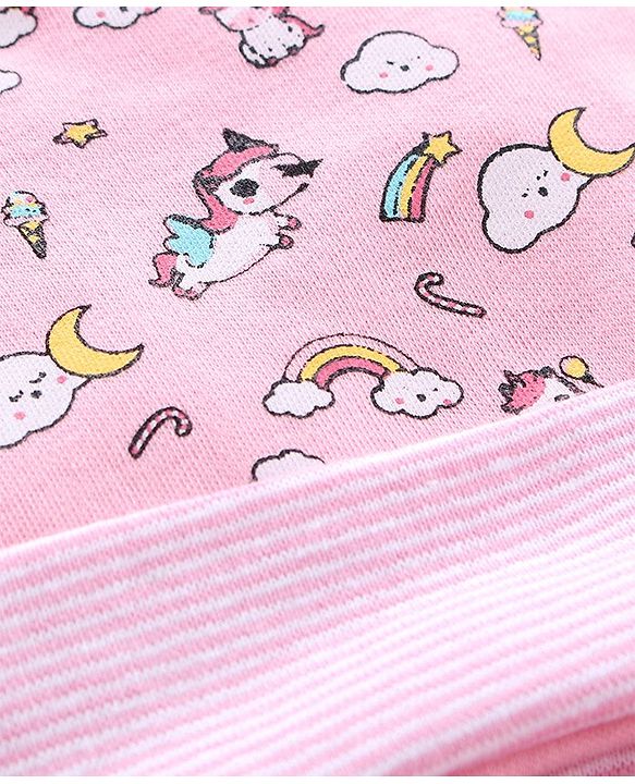 Babyhug 100% Cotton Cap Mitten & Booties Set Unicorn Print Pink - Diameter 11.5 cm