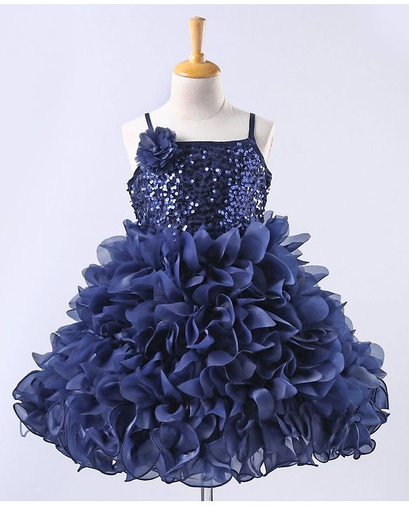 Babyhug Sleeveless Sequin Detailing Frock - Navy Blue