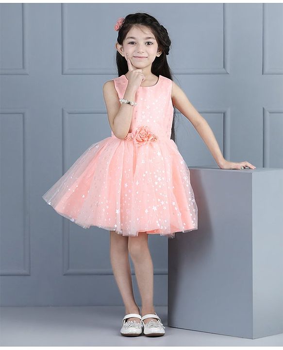 Babyhug Sleeveless Frock Star Embellishment - Peach