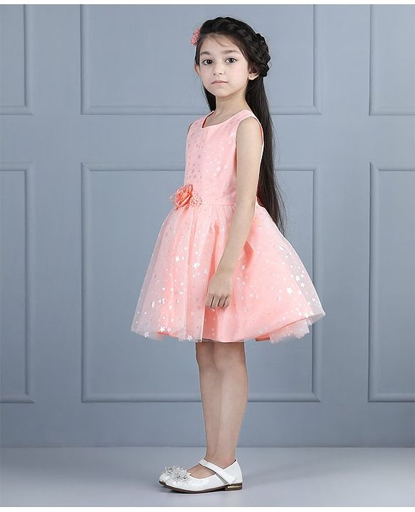 Babyhug Sleeveless Frock Star Embellishment - Peach