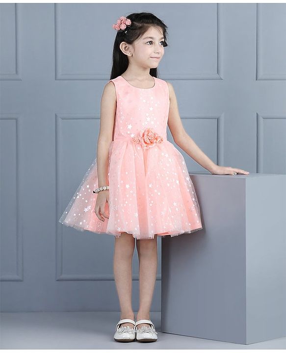 Babyhug Sleeveless Frock Star Embellishment - Peach