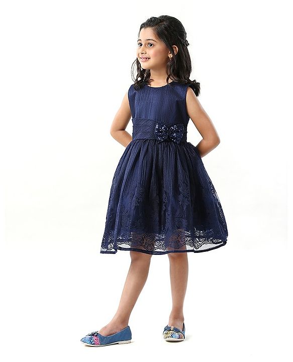 Babyhug Sleeveless Party Wear Frock With Bow - Blue