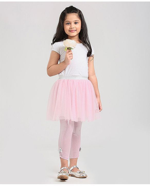 Babyhug Party Wear Full Length Skeggings Bow Applique - Pink