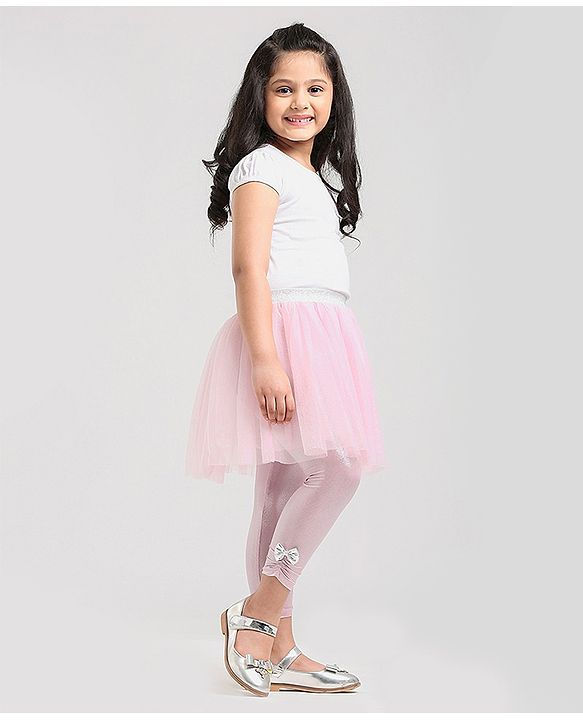 Babyhug Party Wear Full Length Skeggings Bow Applique - Pink