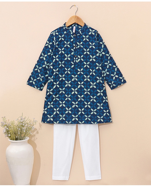 Babyhug Full Sleeves Ethnic Kurta Pajama - Blue (Print on Neck May Vary)
