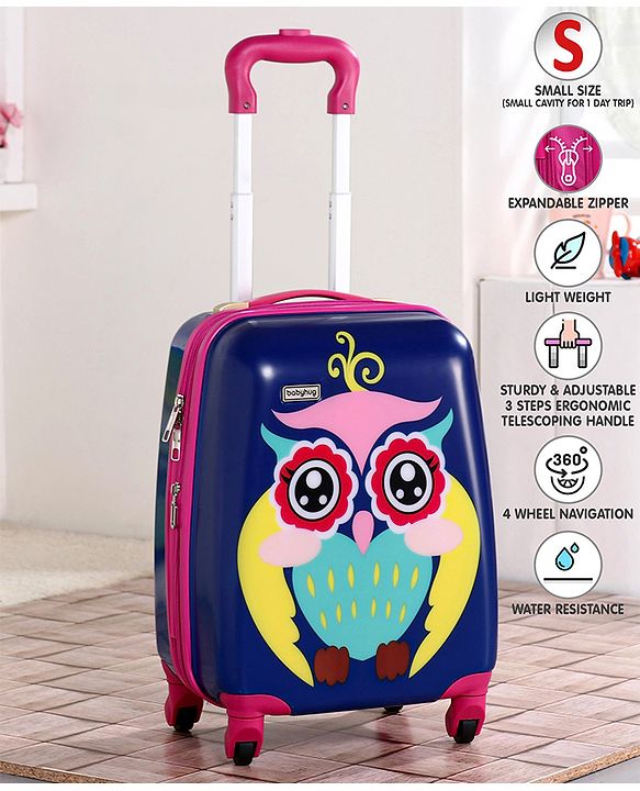Babyhug Kid's Expandable Trolley Bag Owl Print Blue - 18 Inches| Shock Resistant| Telescopic Handle| Water Resistant| Easy Zipper Closure| Durable Wheels