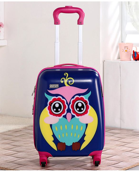 Babyhug Kid's Expandable Trolley Bag Owl Print Blue - 18 Inches| Shock Resistant| Telescopic Handle| Water Resistant| Easy Zipper Closure| Durable Wheels