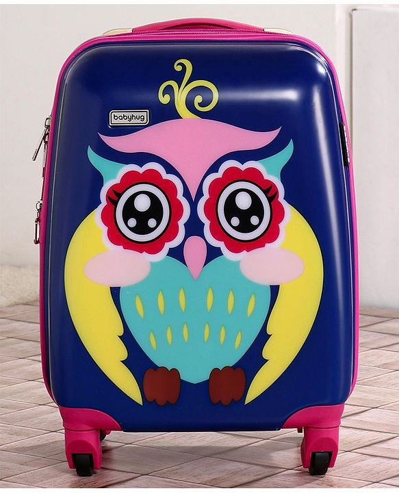 Babyhug Kid's Expandable Trolley Bag Owl Print Blue - 18 Inches| Shock Resistant| Telescopic Handle| Water Resistant| Easy Zipper Closure| Durable Wheels