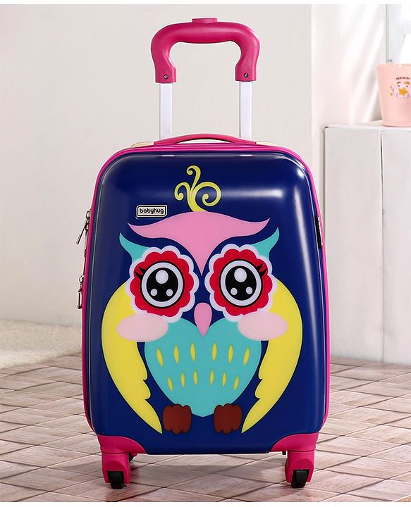 Babyhug Kid's Expandable Trolley Bag Owl Print Blue - 18 Inches| Shock Resistant| Telescopic Handle| Water Resistant| Easy Zipper Closure| Durable Wheels