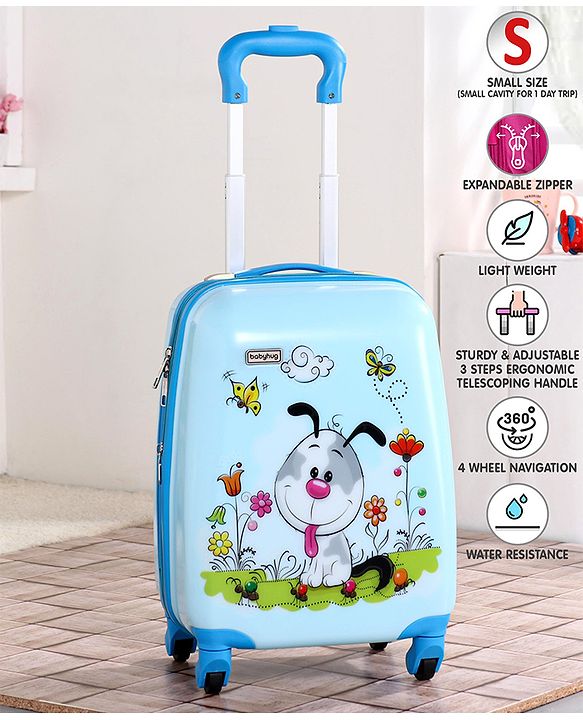 Babyhug Kid's Expandable Trolley Bag Cartoon Print Blue - 18 Inches| Shock Resistant| Telescopic Handle| Water Resistant| Easy Zipper Closure| Durable Wheels