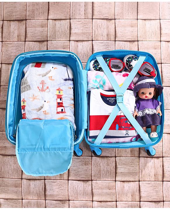 Babyhug Kid's Expandable Trolley Bag Cartoon Print Blue - 18 Inches| Shock Resistant| Telescopic Handle| Water Resistant| Easy Zipper Closure| Durable Wheels