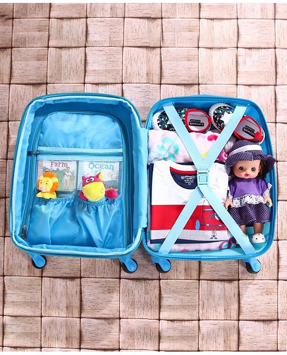 Babyhug Kid's Expandable Trolley Bag Cartoon Print Blue - 18 Inches| Shock Resistant| Telescopic Handle| Water Resistant| Easy Zipper Closure| Durable Wheels