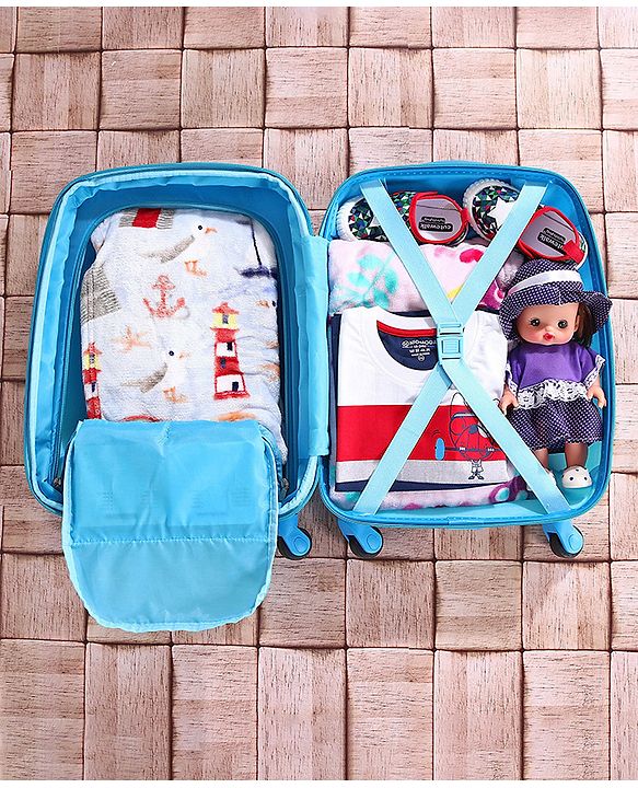 Babyhug Kid's Expandable Trolley Bag Aeroplane Print Blue - 18 Inches| Shock Resistant| Telescopic Handle| Water Resistant| Easy Zipper Closure| Durable Wheels