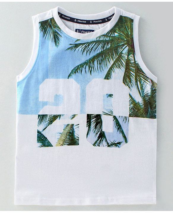 Pine Kids Sleeveless Tee Tree Print - White Green