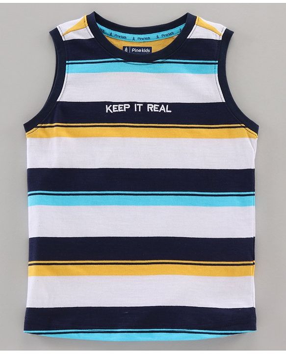Pine Kids 100% Cotton Sleeveless Biowashed Striped Tee - Blue
