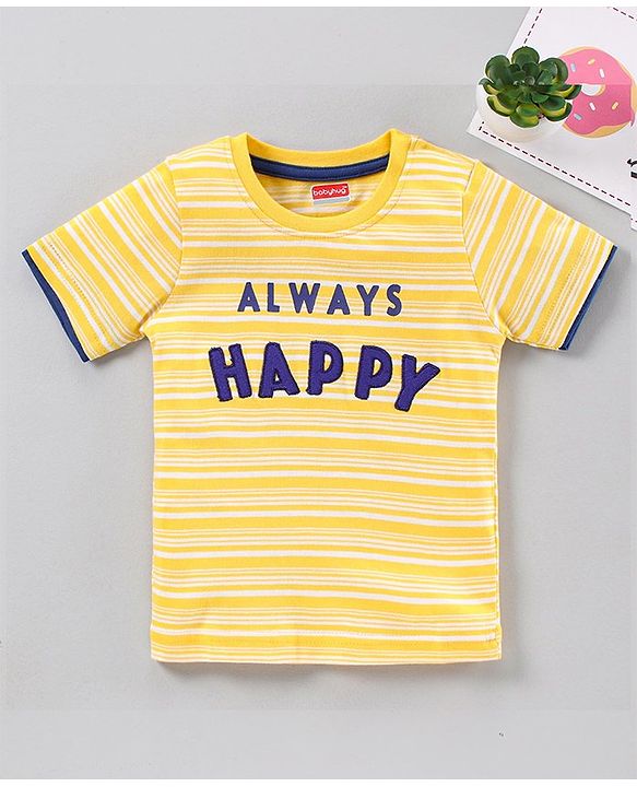 Babyhug Half Sleeves Striped Biowashed Tee Text Print - Yellow