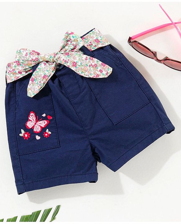 Babyhug Shorts With Fabric Belt Butterfly Embroidery - Navy Blue