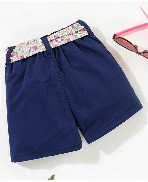 Babyhug Shorts With Fabric Belt Butterfly Embroidery - Navy Blue