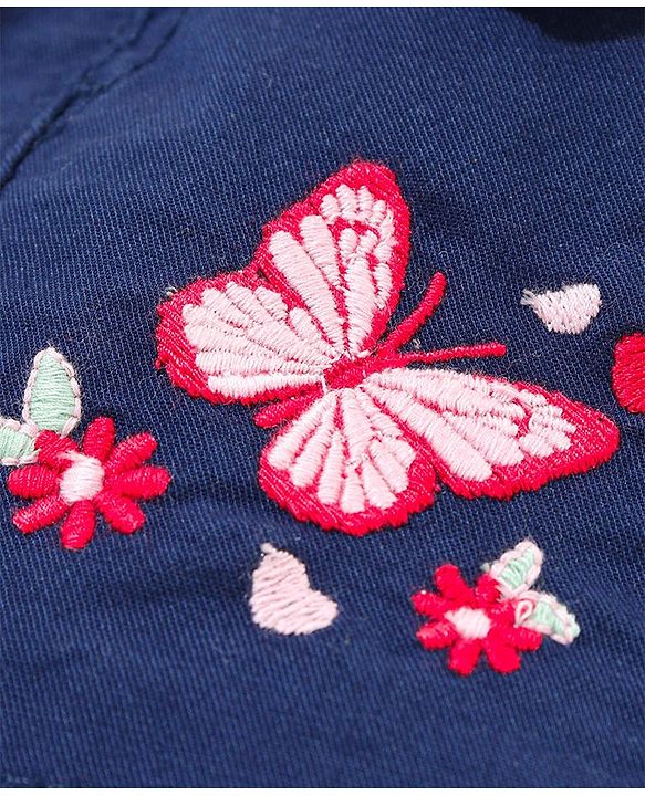 Babyhug Shorts With Fabric Belt Butterfly Embroidery - Navy Blue